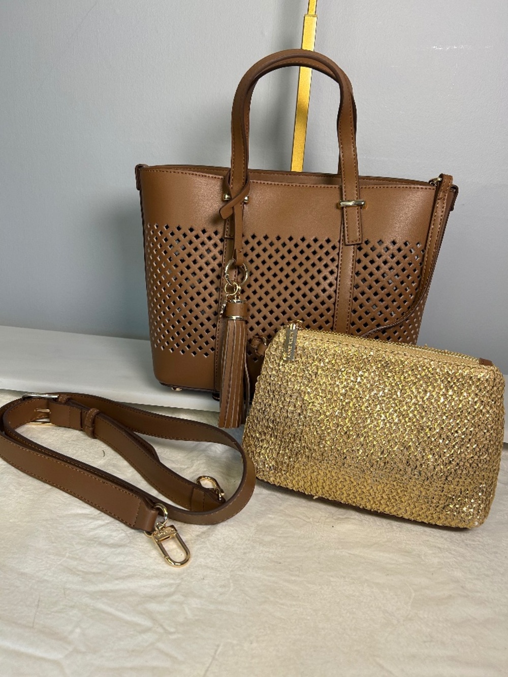 NWOT Anne Klein Vegan leather mini tote w/crossbody strap & gold insert pouch